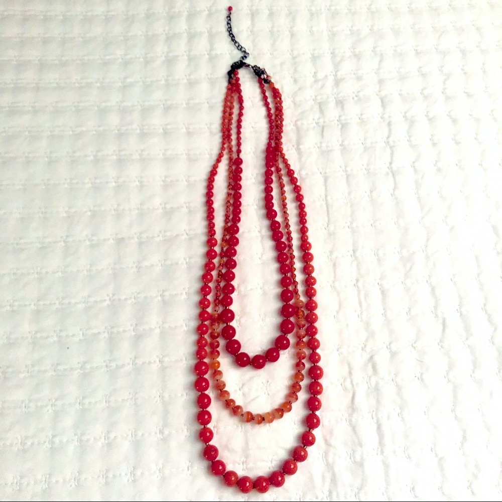Coral Red Orange Beaded Triple Strand Necklace